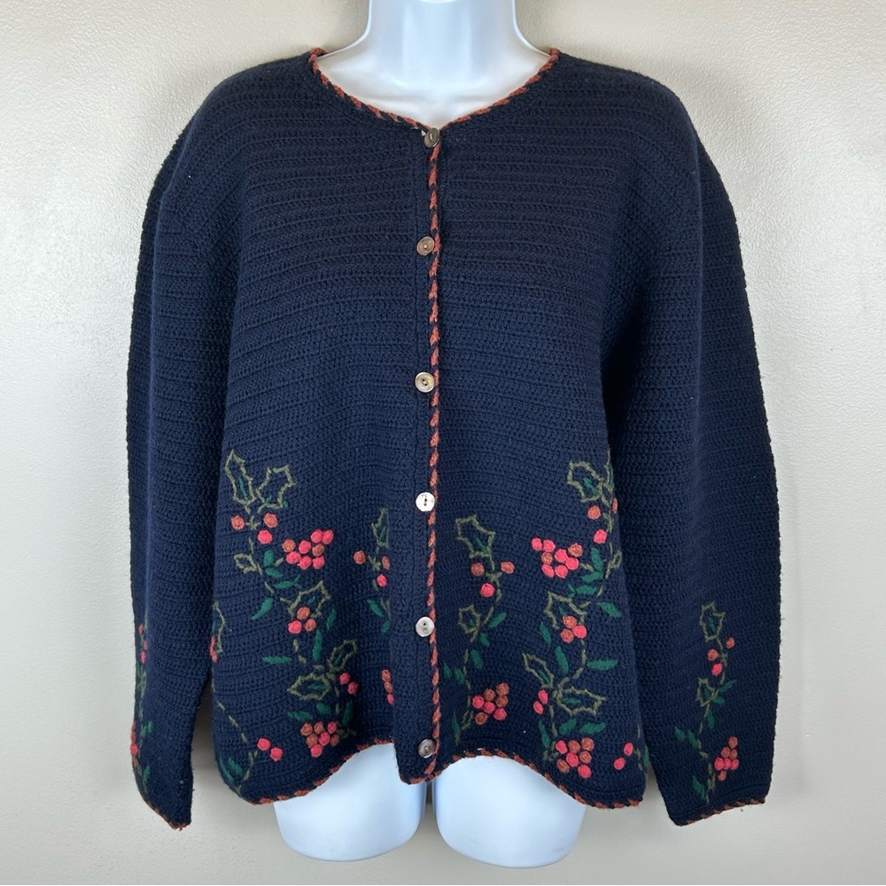 Woolrich Vintage Wool‎ Cardigan Womens Large Navy Embroidered With Holly Leaves